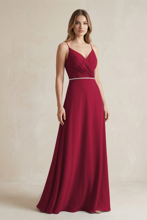 Chiffon A - Line Ruched Cami Strap Bridesmaid Dress in Berry - SHE IS ME Bridesmaid Dresses