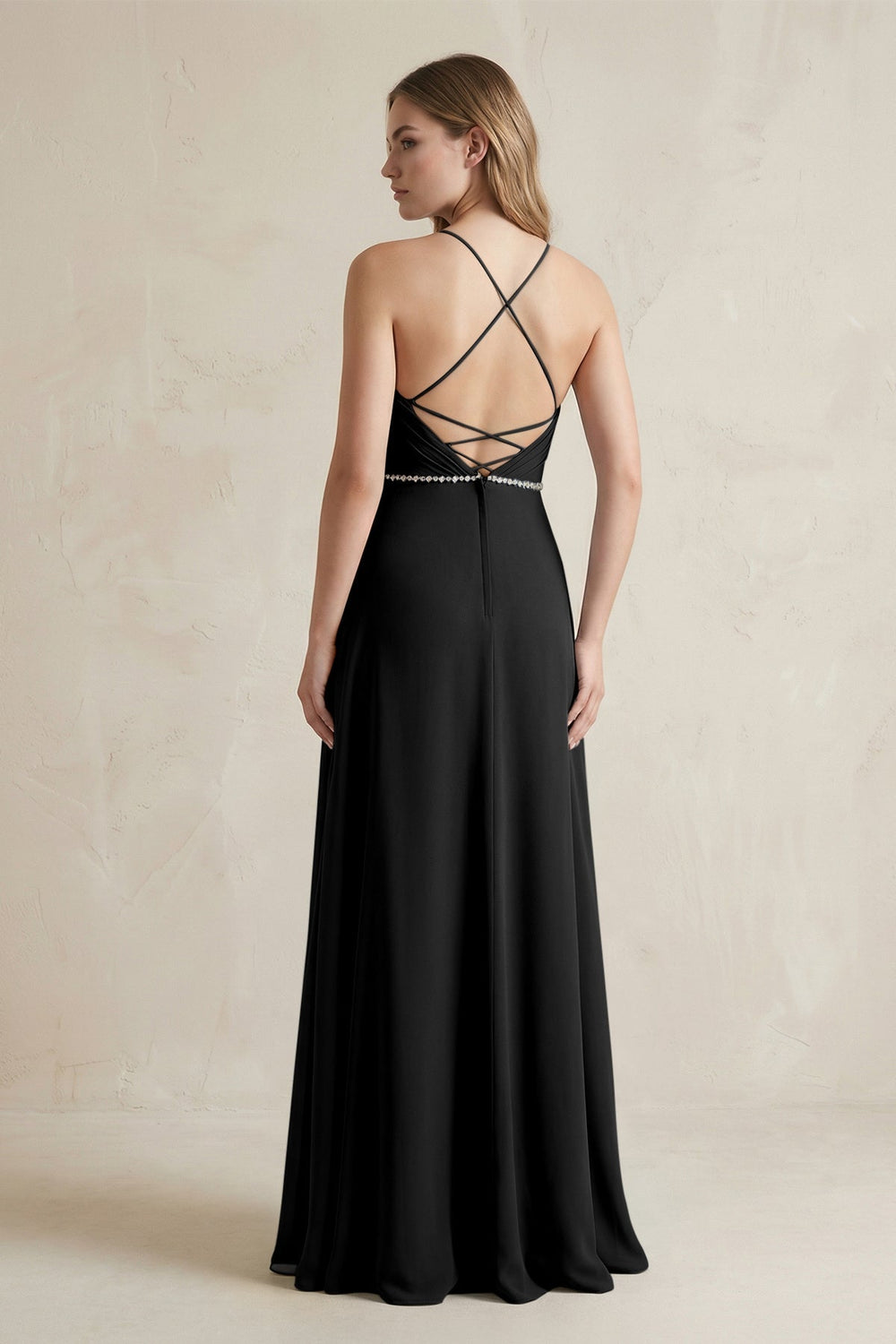 Chiffon A - Line Ruched Cami Strap Bridesmaid Dress in Black - KISS BRIDAL Bridesmaid Dresses