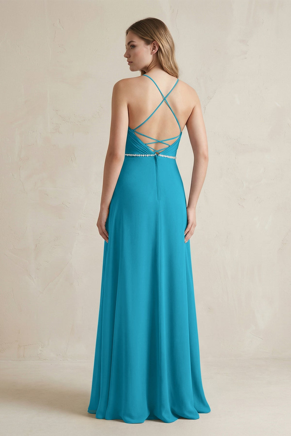Chiffon A - Line Ruched Cami Strap Bridesmaid Dress in Blue Jay - KISS BRIDAL Bridesmaid Dresses
