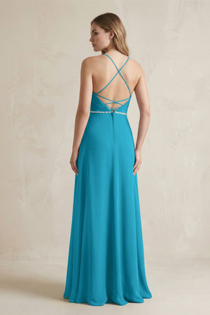 Chiffon A - Line Ruched Cami Strap Bridesmaid Dress in Blue Jay - SHE IS ME Bridesmaid Dresses