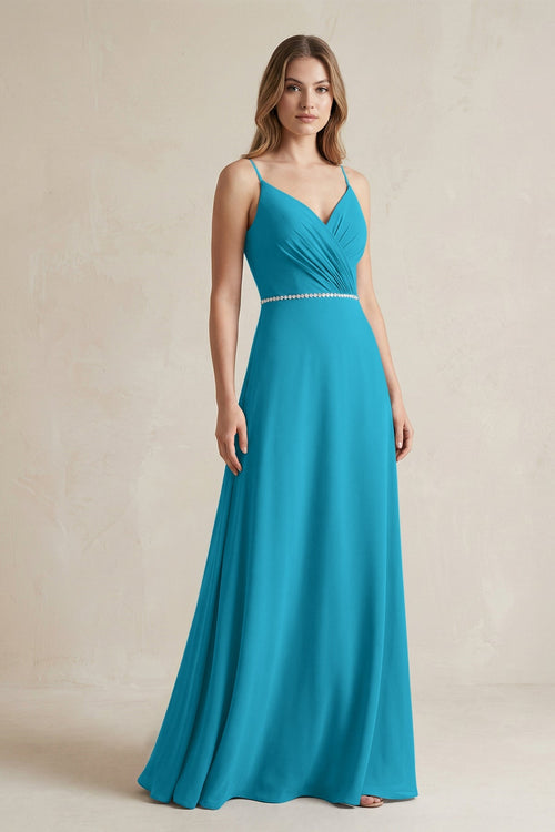 Chiffon A - Line Ruched Cami Strap Bridesmaid Dress in Blue Jay - SHE IS ME Bridesmaid Dresses