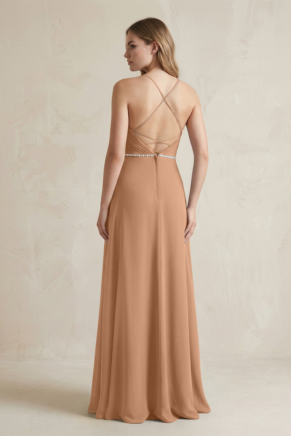 Chiffon A - Line Ruched Cami Strap Bridesmaid Dress in Bronzer - KISS BRIDAL Bridesmaid Dresses