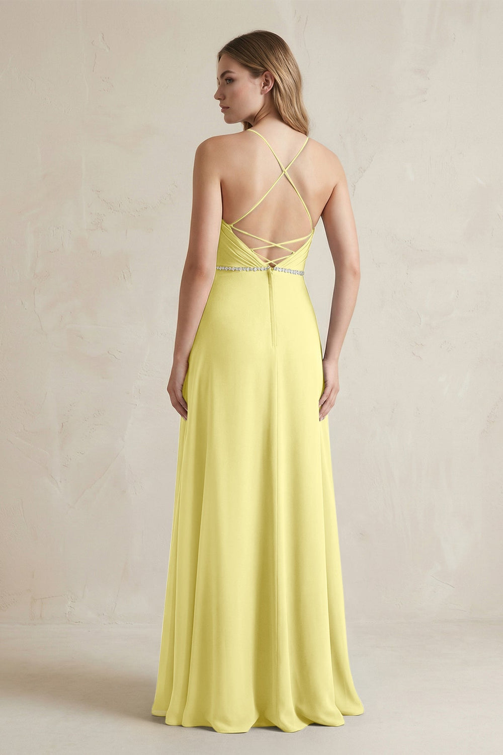 Chiffon A - Line Ruched Cami Strap Bridesmaid Dress in Buttercup - KISS BRIDAL Bridesmaid Dresses
