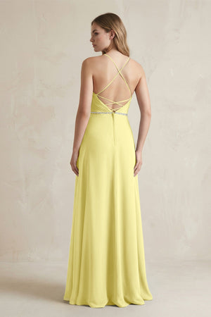 Chiffon A - Line Ruched Cami Strap Bridesmaid Dress in Buttercup - SHE IS ME Bridesmaid Dresses
