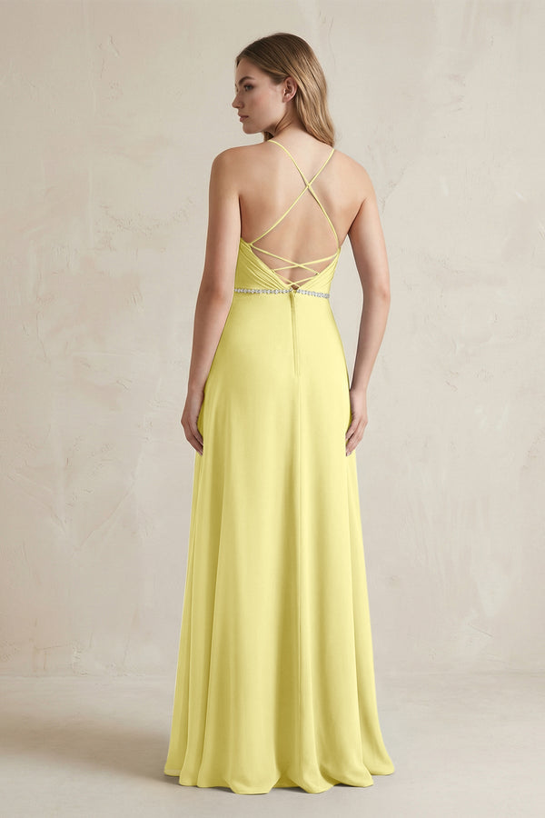Chiffon A - Line Ruched Cami Strap Bridesmaid Dress in Buttercup - SHE IS ME Bridesmaid Dresses