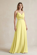 Chiffon A - Line Ruched Cami Strap Bridesmaid Dress in Buttercup - SHE IS ME Bridesmaid Dresses