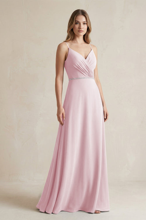 Chiffon A - Line Ruched Cami Strap Bridesmaid Dress in Candy Pink - SHE IS ME Bridesmaid Dresses