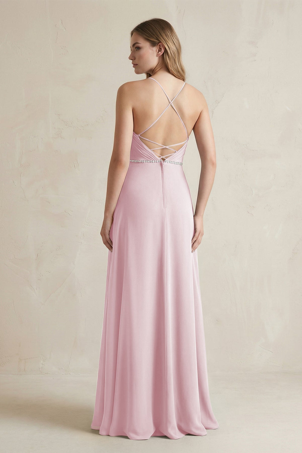 Chiffon A - Line Ruched Cami Strap Bridesmaid Dress in Candy Pink - KISS BRIDAL Bridesmaid Dresses