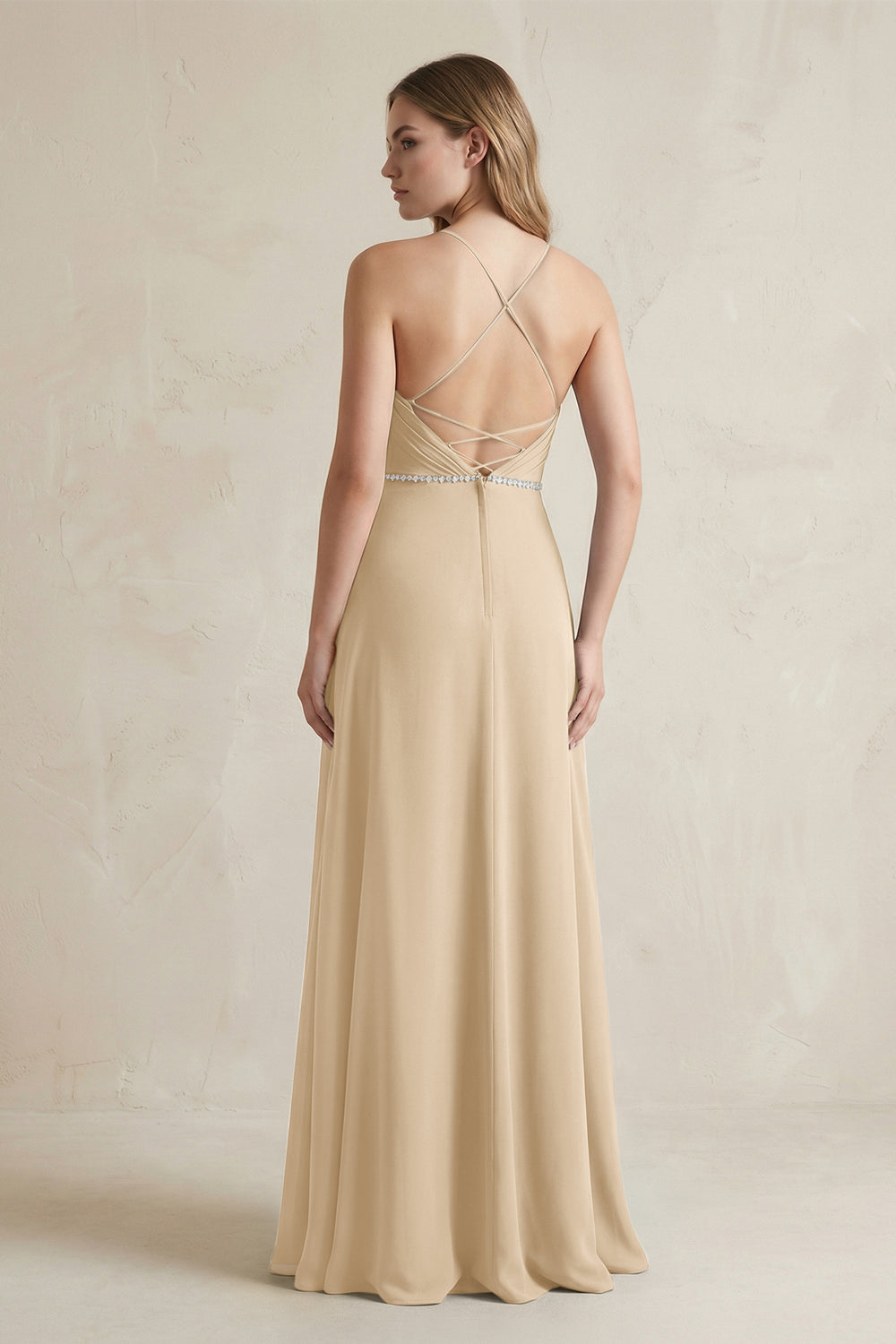 Chiffon A-Line Ruched Cami Strap Bridesmaid Dress  in Champagne