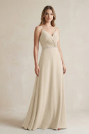 Chiffon A - Line Ruched Cami Strap Bridesmaid Dress in Champagne - SHE IS ME Bridesmaid Dresses