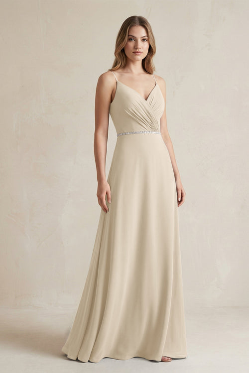 Chiffon A - Line Ruched Cami Strap Bridesmaid Dress in Champagne - SHE IS ME Bridesmaid Dresses