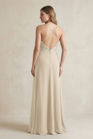 Chiffon A - Line Ruched Cami Strap Bridesmaid Dress in Champagne - SHE IS ME Bridesmaid Dresses