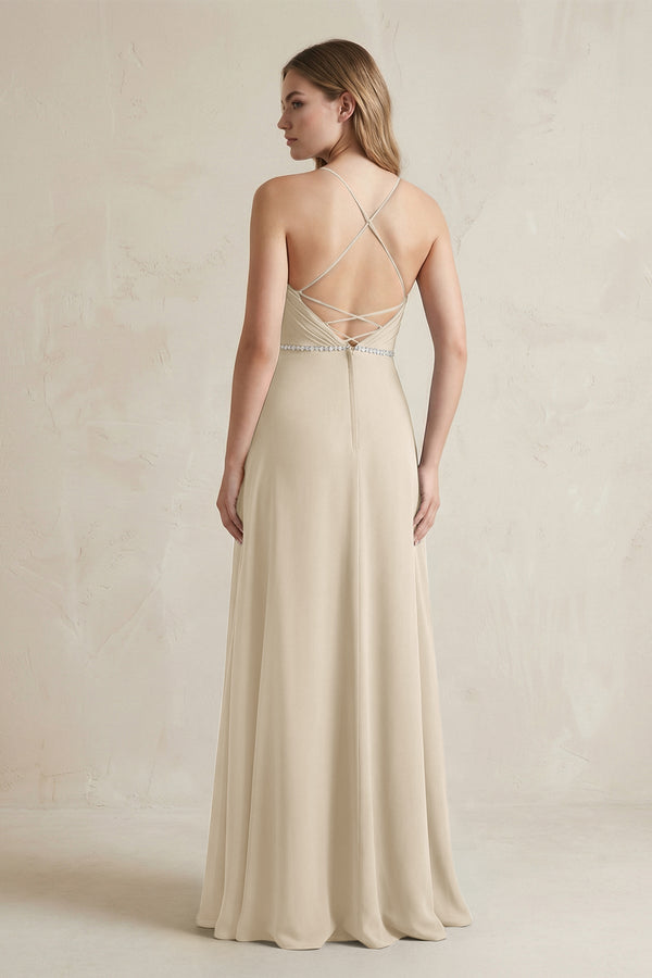 Chiffon A - Line Ruched Cami Strap Bridesmaid Dress in Champagne - SHE IS ME Bridesmaid Dresses