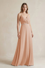 Chiffon A - Line Ruched Cami Strap Bridesmaid Dress in Champagne Rose - KISS BRIDAL Bridesmaid Dresses
