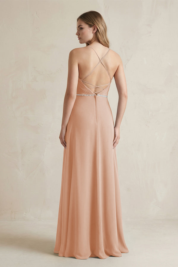 Chiffon A - Line Ruched Cami Strap Bridesmaid Dress in Champagne Rose - SHE IS ME Bridesmaid Dresses