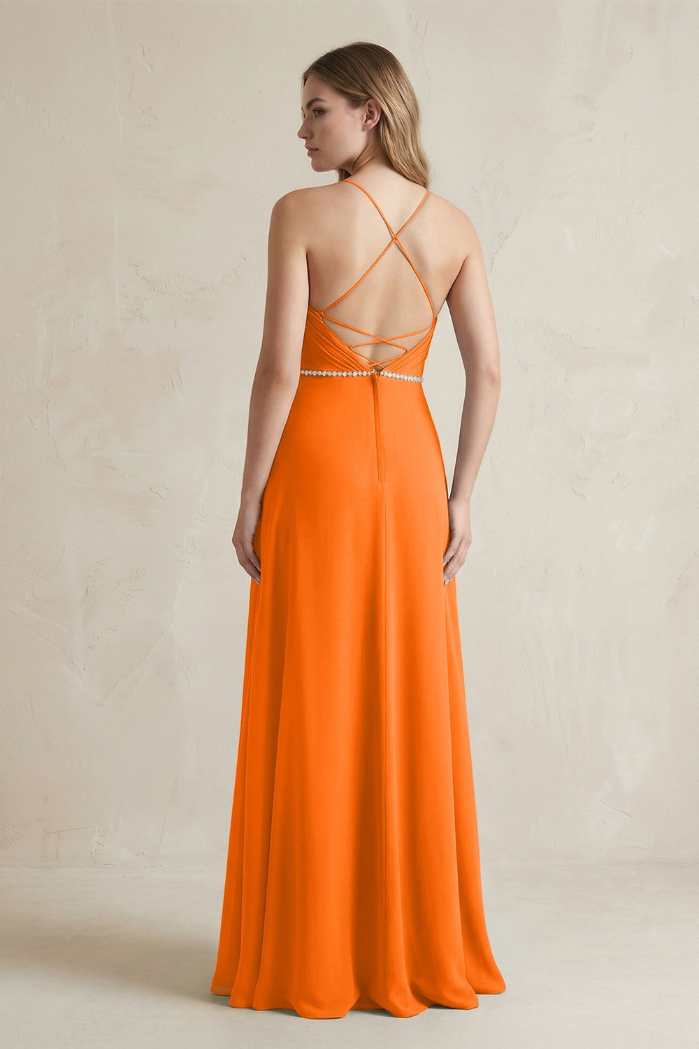 Chiffon A - Line Ruched Cami Strap Bridesmaid Dress in Cinnamon - KISS BRIDAL Bridesmaid Dresses