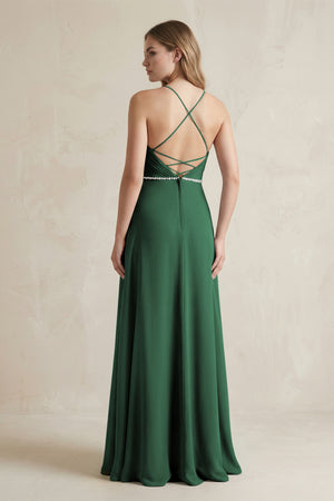Chiffon A-Line Ruched Cami Strap Bridesmaid Dress  in Dark Green (2) | KISSBRIDAL