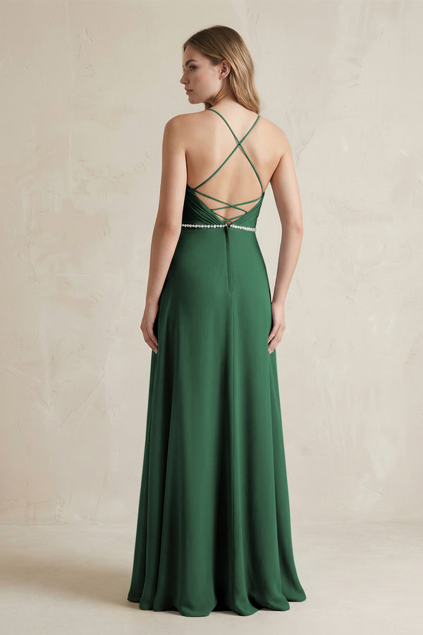 Chiffon A-Line Ruched Cami Strap Bridesmaid Dress  in Dark Green (2) | KISSBRIDAL