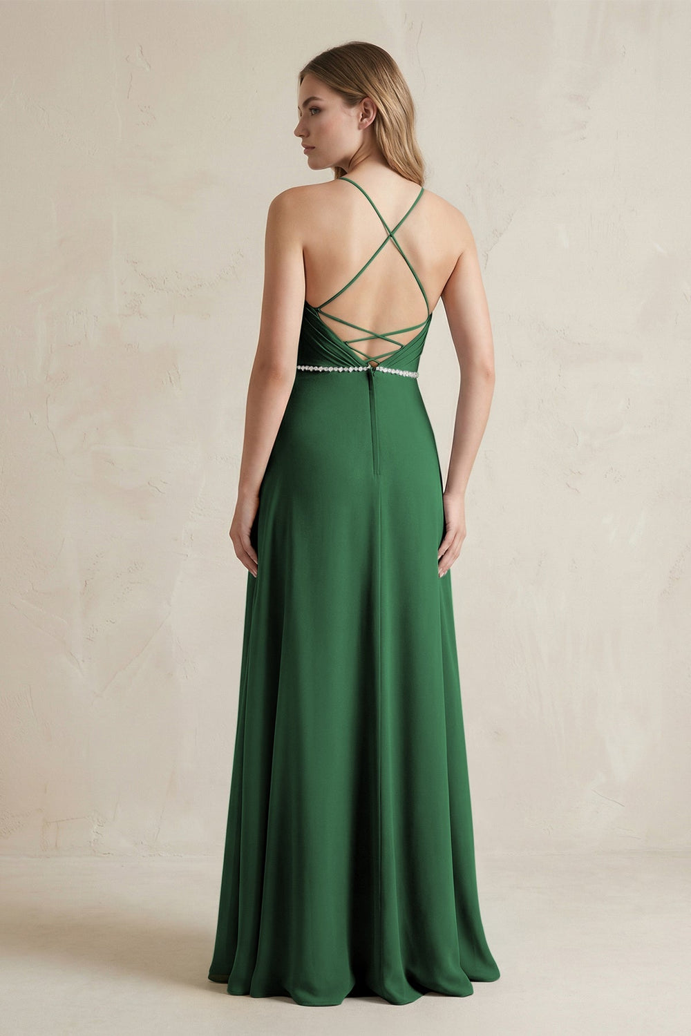 Chiffon A - Line Ruched Cami Strap Bridesmaid Dress in Dark Green - KISS BRIDAL Bridesmaid Dresses