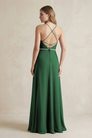 Chiffon A - Line Ruched Cami Strap Bridesmaid Dress in Dark Green - SHE IS ME Bridesmaid Dresses