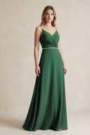 Chiffon A-Line Ruched Cami Strap Bridesmaid Dress  in Dark Green | KISSBRIDAL