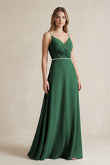 Chiffon A-Line Ruched Cami Strap Bridesmaid Dress  in Dark Green | KISSBRIDAL