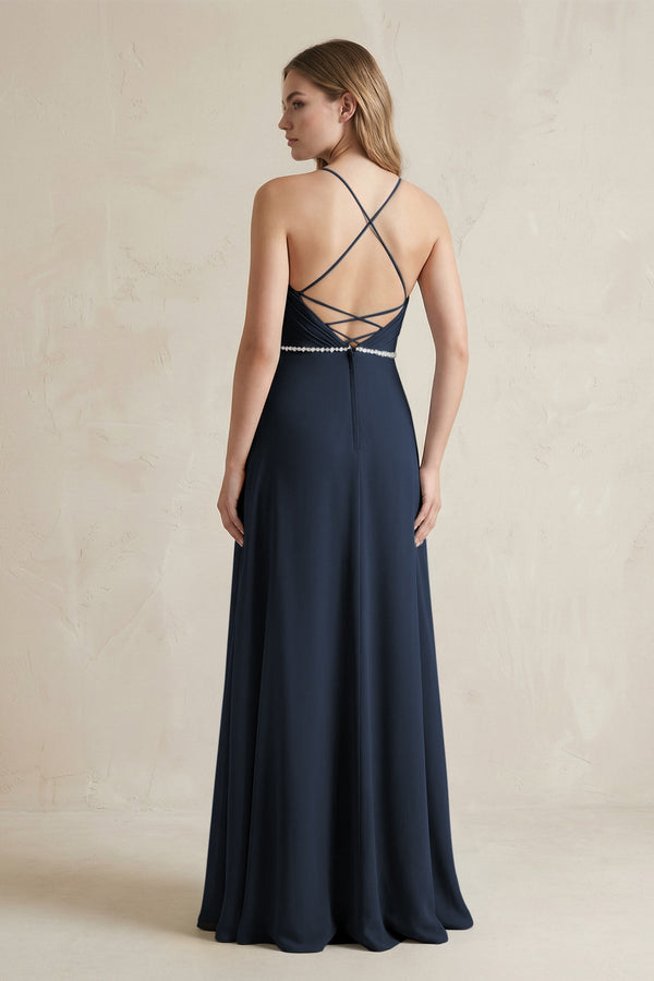 Chiffon A - Line Ruched Cami Strap Bridesmaid Dress in Dark Navy - SHE IS ME Bridesmaid Dresses