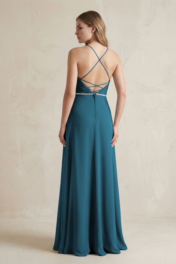 Chiffon A - Line Ruched Cami Strap Bridesmaid Dress in Dark Teal - SHE IS ME Bridesmaid Dresses