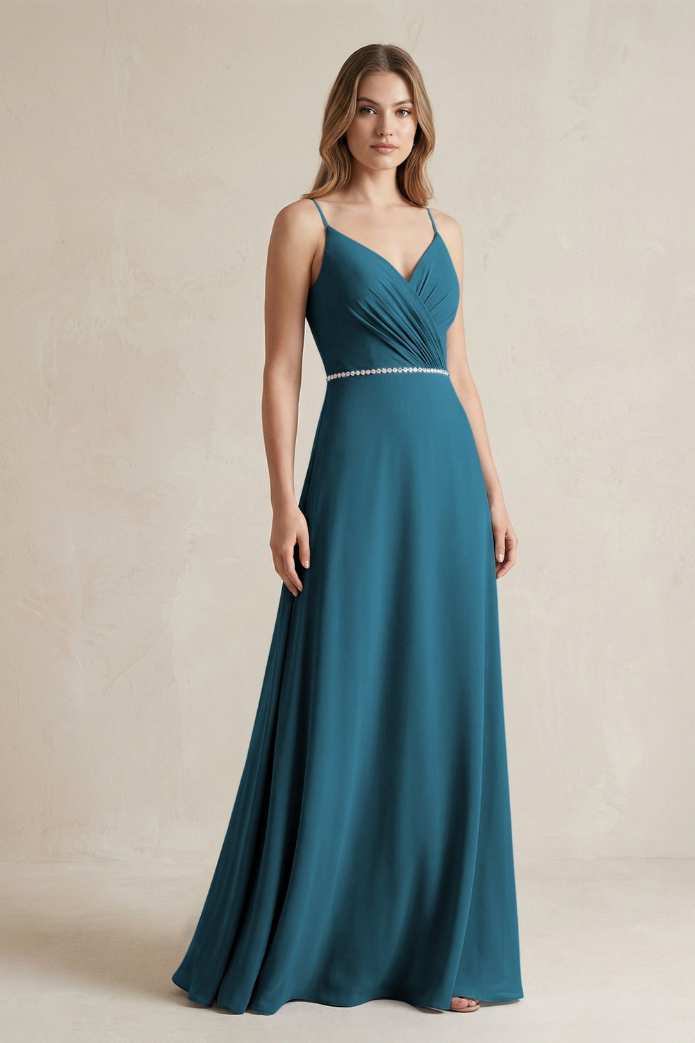 Chiffon A - Line Ruched Cami Strap Bridesmaid Dress in Dark Teal - KISS BRIDAL Bridesmaid Dresses