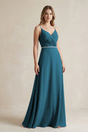 Chiffon A - Line Ruched Cami Strap Bridesmaid Dress in Dark Teal - SHE IS ME Bridesmaid Dresses