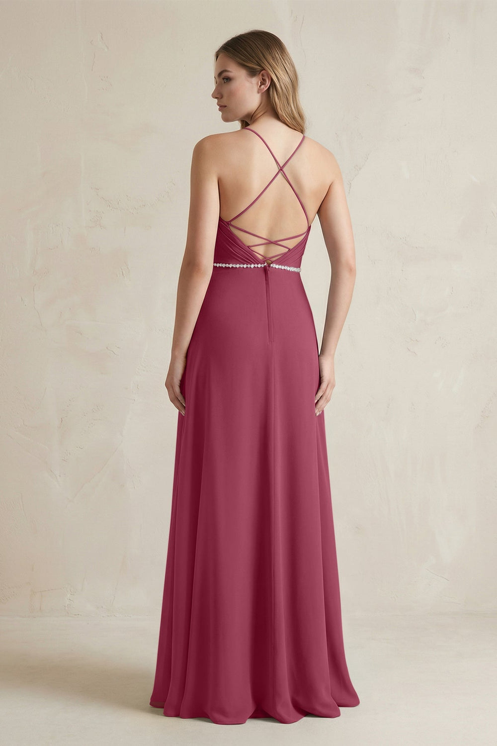 Chiffon A - Line Ruched Cami Strap Bridesmaid Dress in Desert Rose - KISS BRIDAL Bridesmaid Dresses