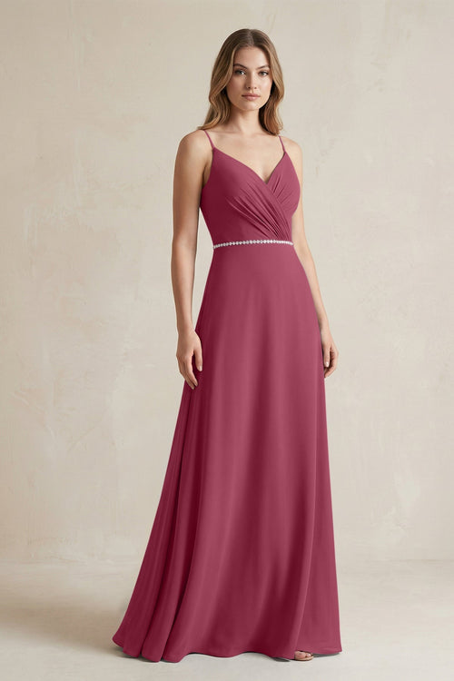 Chiffon A - Line Ruched Cami Strap Bridesmaid Dress in Desert Rose - SHE IS ME Bridesmaid Dresses