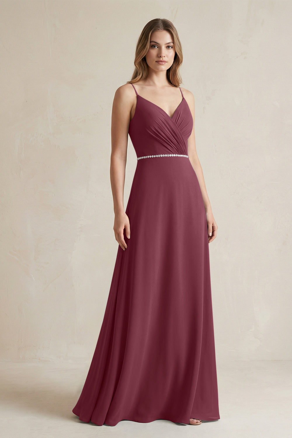 Chiffon A-Line Ruched Cami Strap Bridesmaid Dress  in Desert Rose