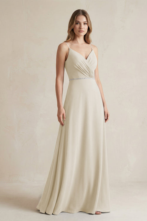 Chiffon A - Line Ruched Cami Strap Bridesmaid Dress in Dove Gray - SHE IS ME Bridesmaid Dresses