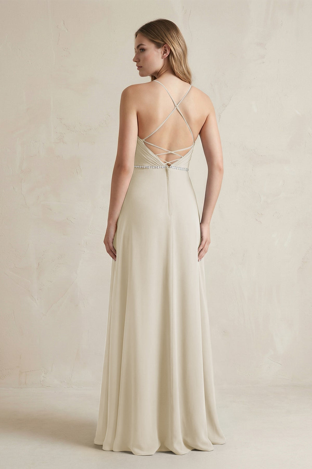 Chiffon A - Line Ruched Cami Strap Bridesmaid Dress in Dove Gray - KISS BRIDAL Bridesmaid Dresses