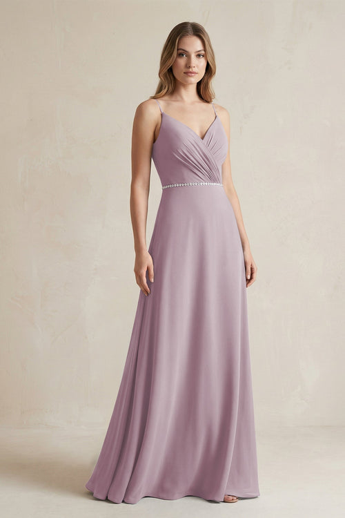 Chiffon A - Line Ruched Cami Strap Bridesmaid Dress in Dusk - SHE IS ME Bridesmaid Dresses