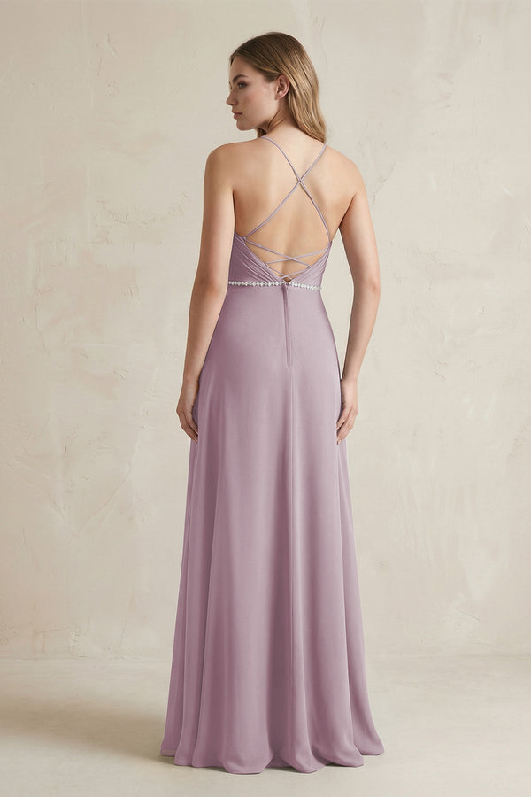 Chiffon A - Line Ruched Cami Strap Bridesmaid Dress in Dusk - SHE IS ME Bridesmaid Dresses