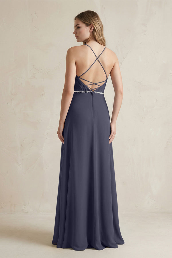 Chiffon A - Line Ruched Cami Strap Bridesmaid Dress in Dusk Blue - SHE IS ME Bridesmaid Dresses