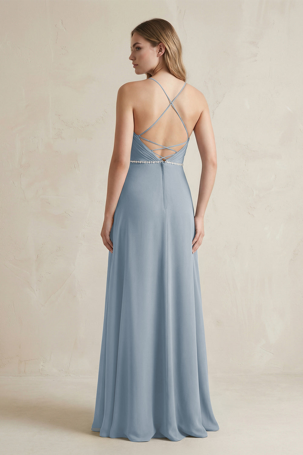 Chiffon A-Line Ruched Cami Strap Bridesmaid Dress  in Dusty Blue