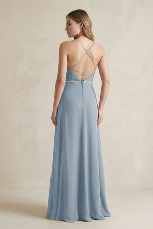 Chiffon A-Line Ruched Cami Strap Bridesmaid Dress  in Dusty Blue (2) | KISSBRIDAL