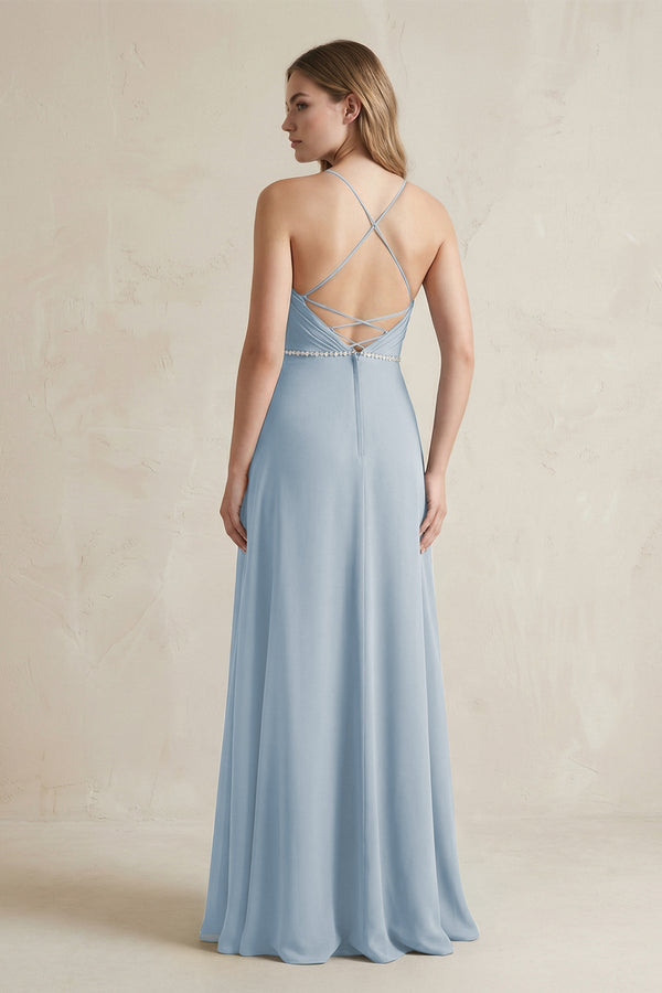 Chiffon A - Line Ruched Cami Strap Bridesmaid Dress in Dusty Blue - SHE IS ME Bridesmaid Dresses