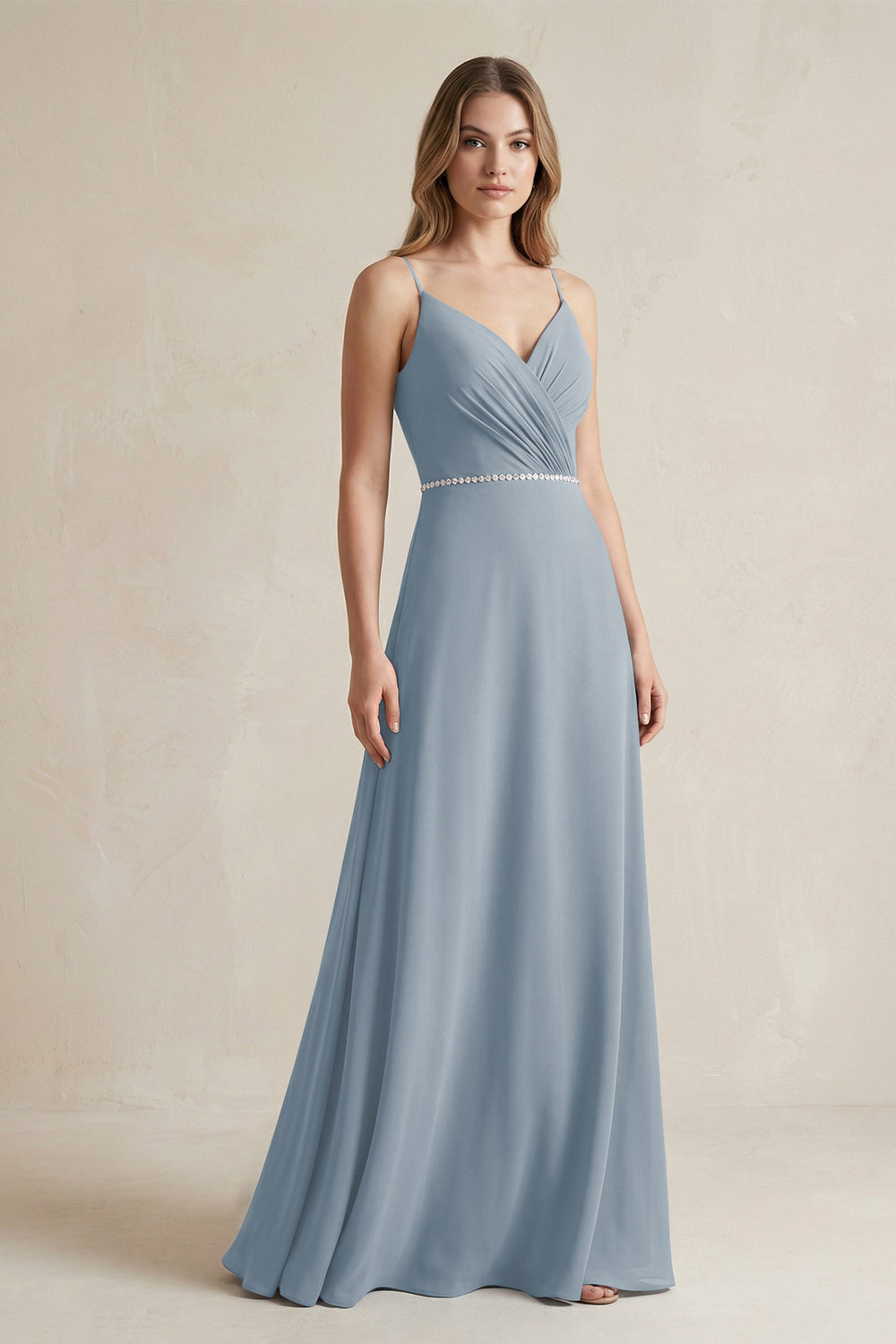 Chiffon A-Line Ruched Cami Strap Bridesmaid Dress  in Dusty Blue