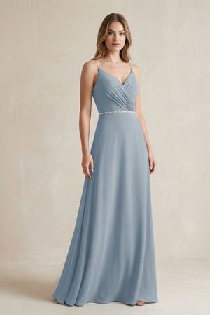 Chiffon A-Line Ruched Cami Strap Bridesmaid Dress  in Dusty Blue | KISSBRIDAL