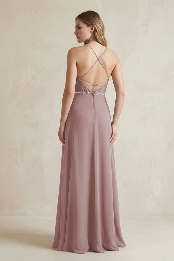 Chiffon A-Line Ruched Cami Strap Bridesmaid Dress  in Dusty Rose (2) | KISSBRIDAL