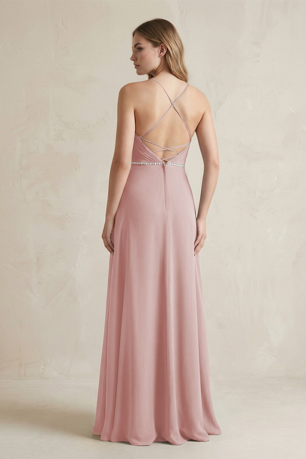 Chiffon A - Line Ruched Cami Strap Bridesmaid Dress in Dusty Rose - KISS BRIDAL Bridesmaid Dresses