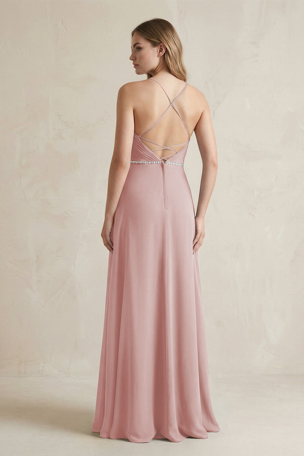 Chiffon A - Line Ruched Cami Strap Bridesmaid Dress in Dusty Rose - SHE IS ME Bridesmaid Dresses