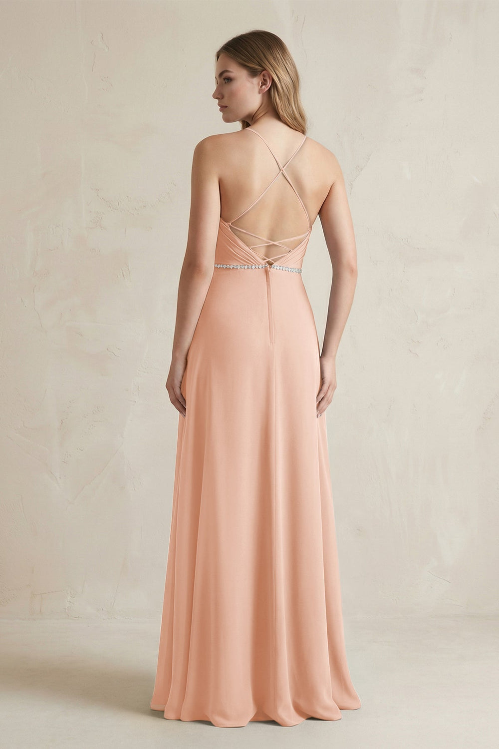 Chiffon A - Line Ruched Cami Strap Bridesmaid Dress in English Rose - KISS BRIDAL Bridesmaid Dresses