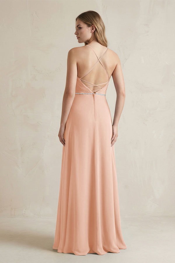 Chiffon A - Line Ruched Cami Strap Bridesmaid Dress in English Rose - SHE IS ME Bridesmaid Dresses