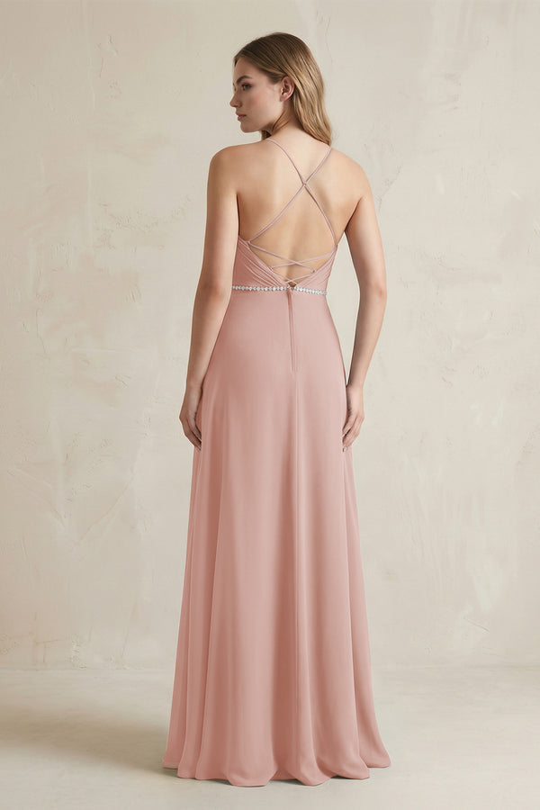 Chiffon A-Line Ruched Cami Strap Bridesmaid Dress  in English Rose (2) | KISSBRIDAL