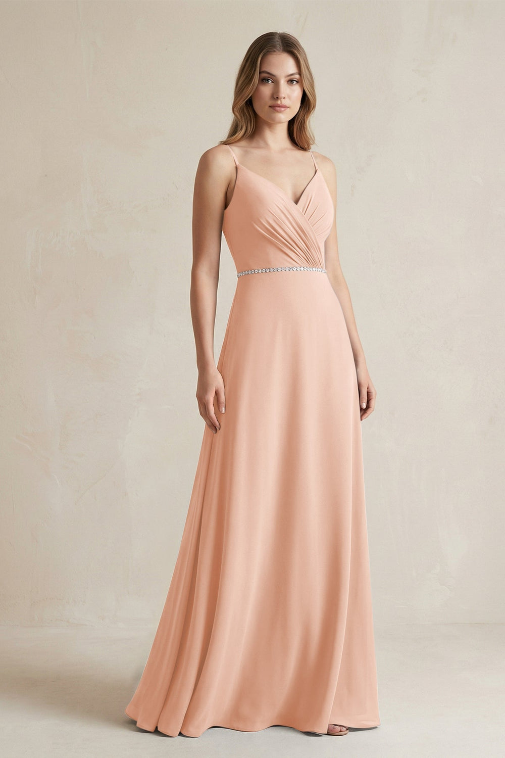 Chiffon A - Line Ruched Cami Strap Bridesmaid Dress in English Rose - KISS BRIDAL Bridesmaid Dresses